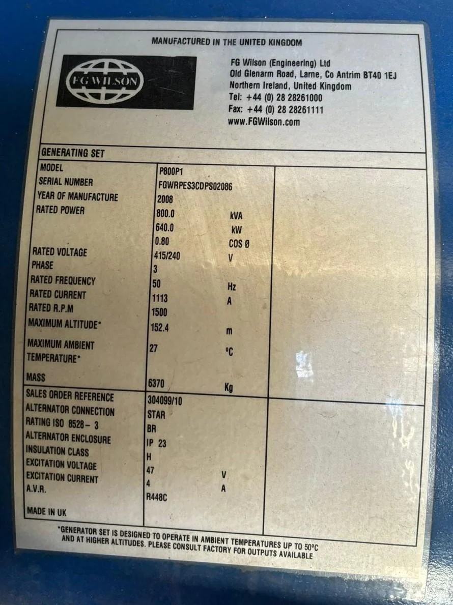800kva (Prime) FG Wilson Generator 2008 - Image 5